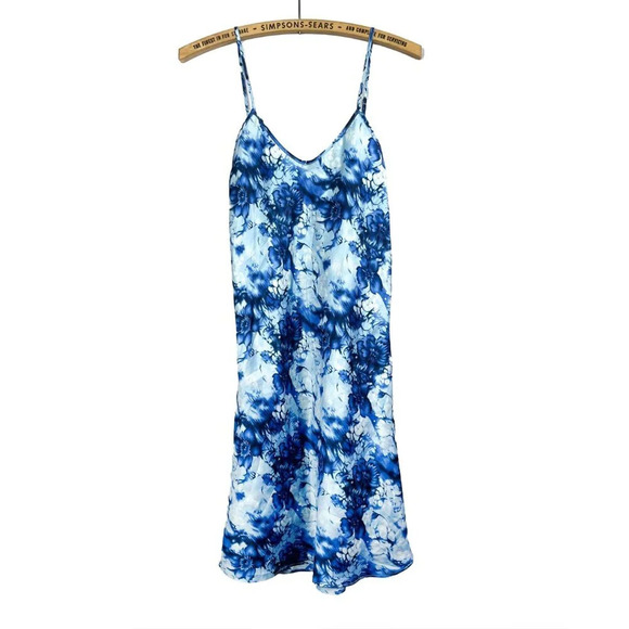 Easy Solution Women's Large Vintage 90s Blue Floral Satin Slip Dress Chemise - Picture 1 of 6